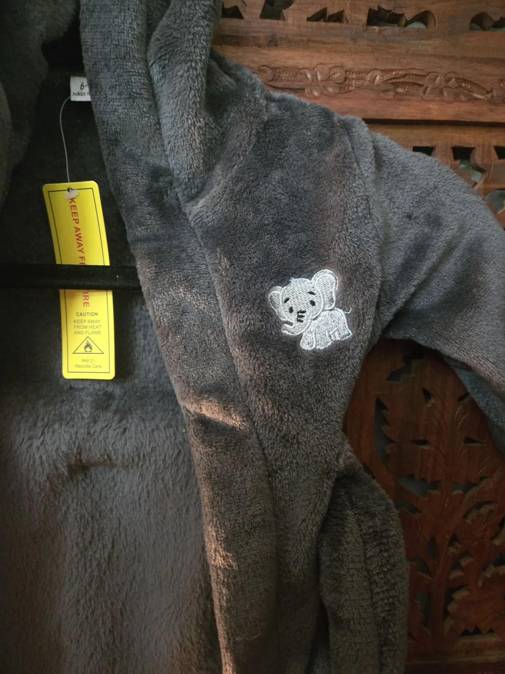 2 Kids Plush Hooded Robe in Charcoal Gray with Elephant Patch $20 each